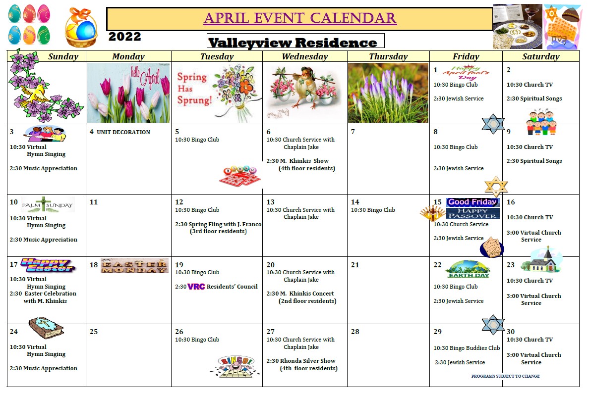 Calendar Of Events April 2022 Valleyview Residence