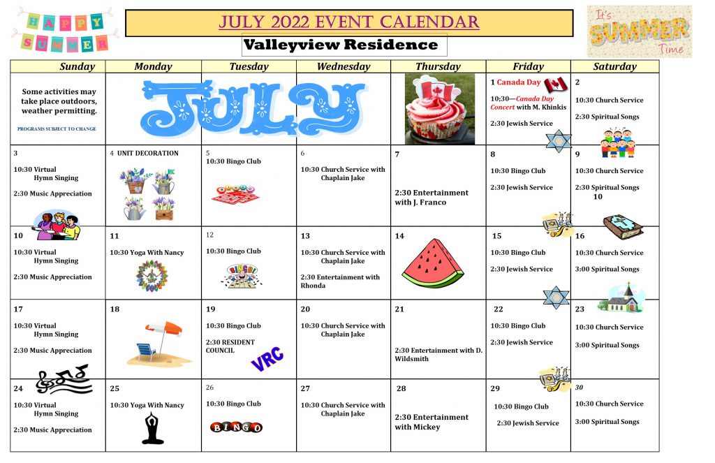 Calendar of Events July 2022 Valleyview Residence
