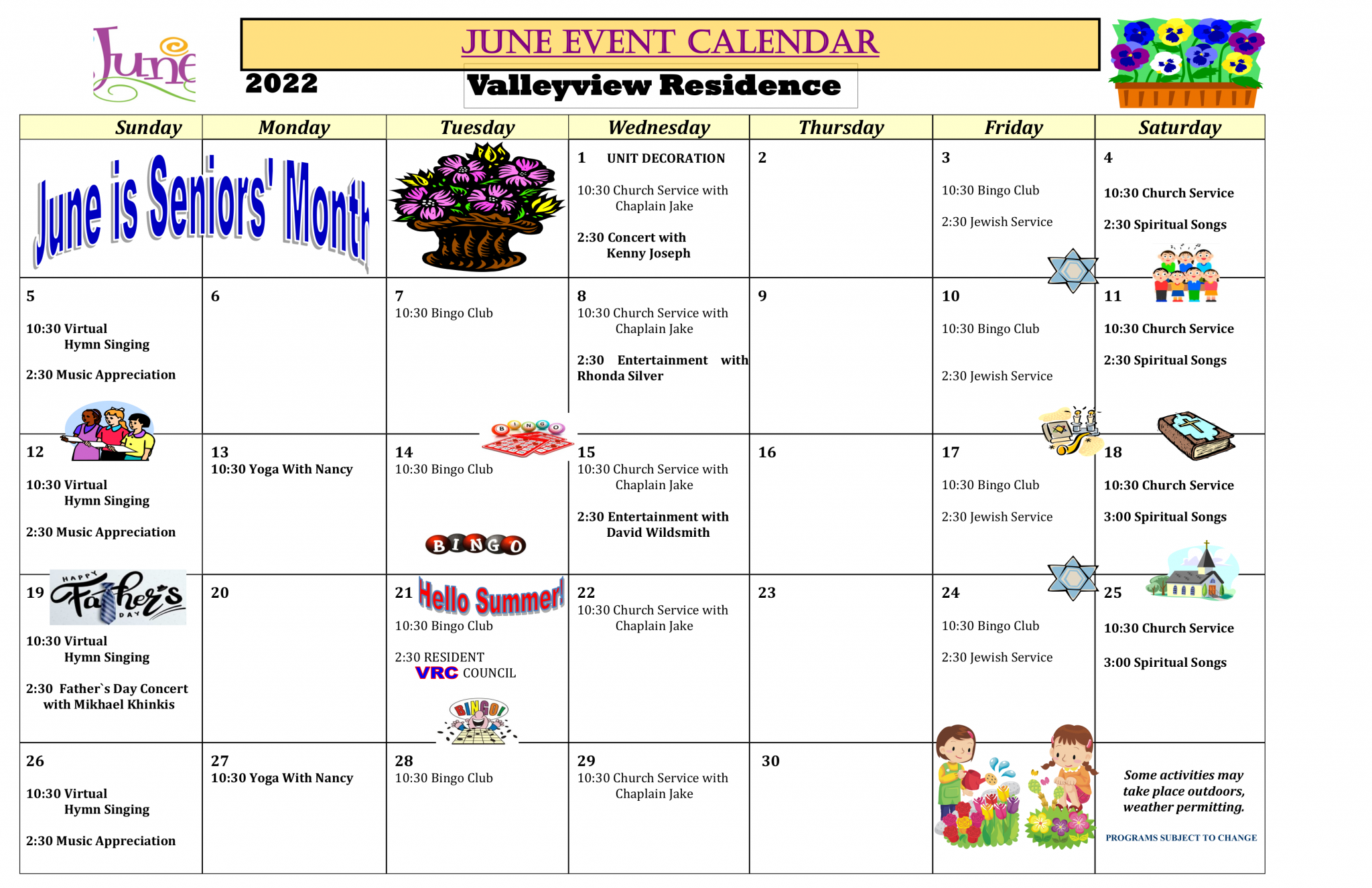 Calendar of Events – June 2022 – Valleyview Residence