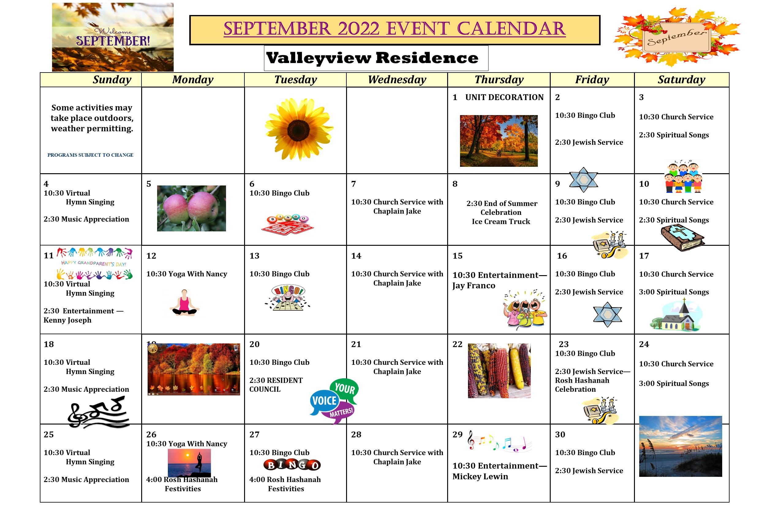 Calendar Of Events September 2022 Valleyview Residence