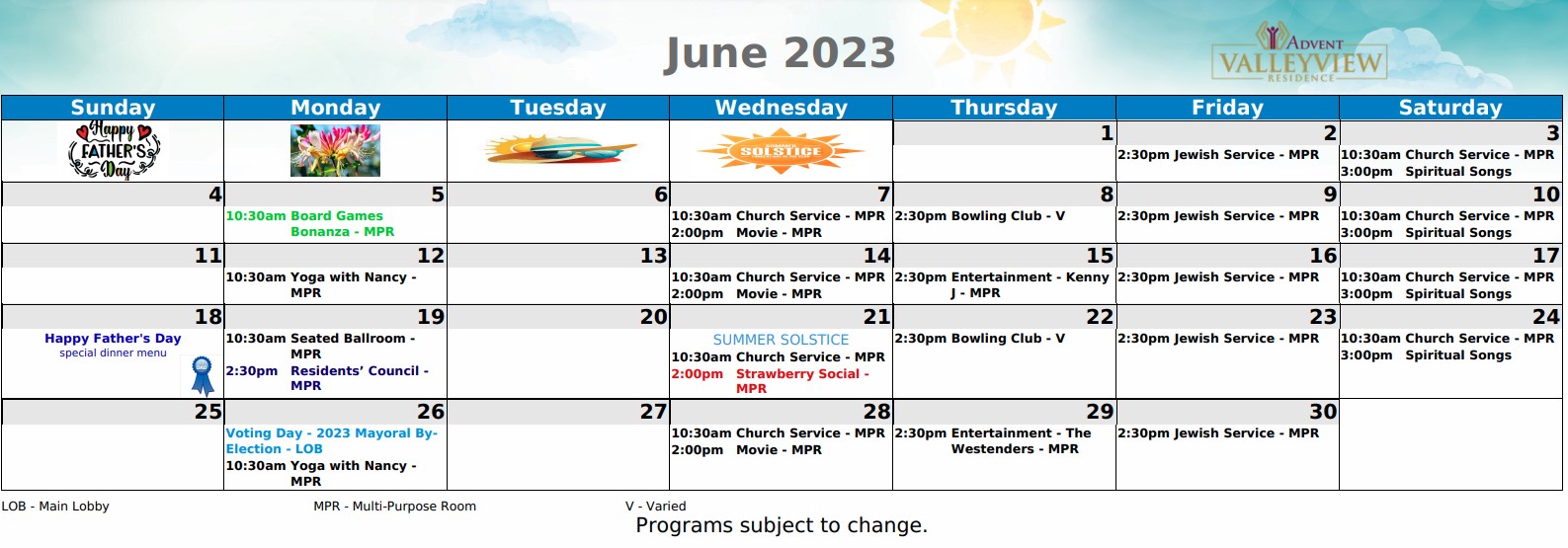 Calendar of Events June 2023 Valleyview Residence