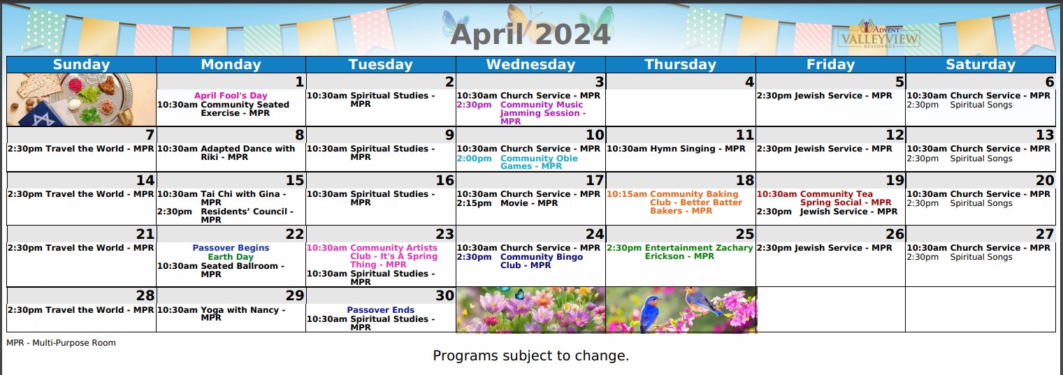 Calendar of Events April 2024 Valleyview Residence