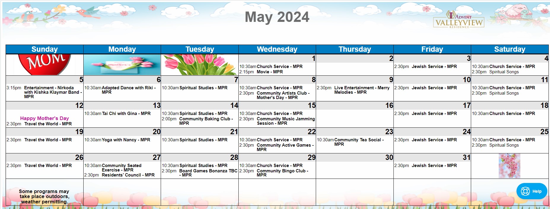 Calendar of Events May 2024 Valleyview Residence